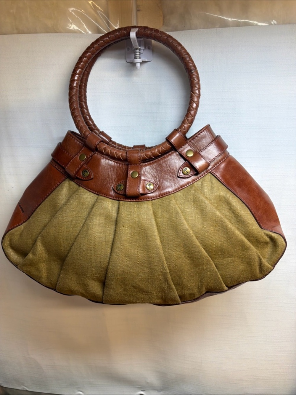 Tommy Bahama Khaki Linen Woven HandBag w/Leather Trim & Bamboo Braided Handle